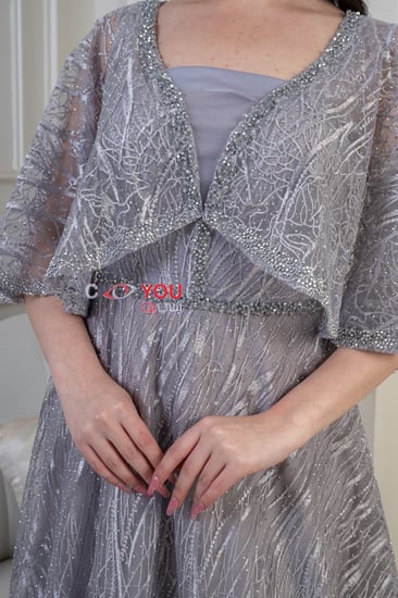 فستان سهرة فضي بتطريز لامع وقصة واسعة أنيقة، تصميم راقٍ يناسب الحفلات والسهرات ويمنحك إطلالة فخمة لا تُنسى.