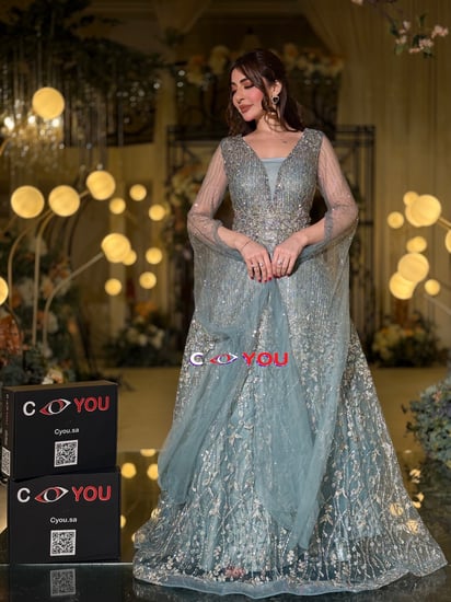 فستان سهرة تيفاني ثلجي مطرّز بقصّة خصر ورقبة V وأكمام شفافة شكل بشت.