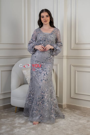 فستان سهرة فاخر رمادي مطرز بقصة أنثوية وأكمام شفافة فاخرة