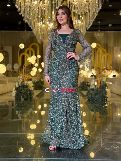 فستان سهرة اخضر مطرّز بقصّة حورية ورقبة V وأكمام شفافة مع شال جانبي.