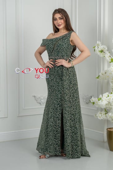 فستان سهرة زيتي مشجر بكتف واحد وفتحة جانبية - إطلالة ملكية