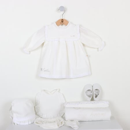 طقم فستان بناتي مع قبعة وصدرية وجوارب وجزمة وشورت داخلي - 7 قطع