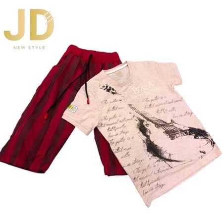 طقم ولادي تيشيرت أبيض بطبعة مع شورت جينز قصير من JD New Style بتصميم ص