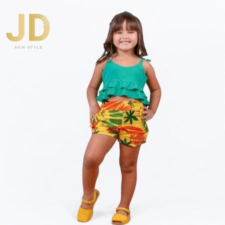 طقم صيفي للأطفال بناتي بتوب أخضر وشورت مزخرف استوائي