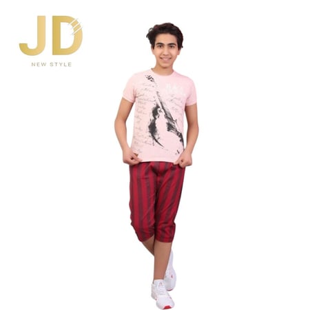 طقم ولادي تيشيرت أبيض بطبعة مع شورت جينز قصير من JD New Style بتصميم ص