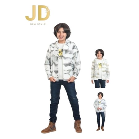 طقم أولادي جينز مع قميص أبيض مطبع وتيشيرت داخلي من JD New Style بتصميم