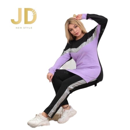 طقم رياضي نسائي بلون بنفسجي وأسود مع تونيك طويل من JD New Style