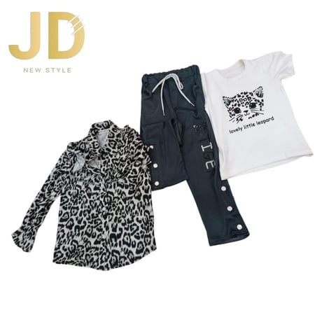 طقم بناتي ثلاثي تيشيرت بطبعة فهد وقميص شيفون وبنطال أسود من JD New Sty