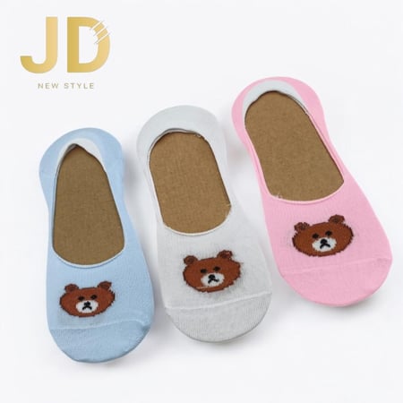 طقم جوارب خفية نسائية بتطريز دب لطيف بثلاثة ألوان