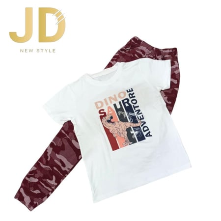 طقم ولادي تيشيرت ديناصور مع بنطال تمويه أحمر