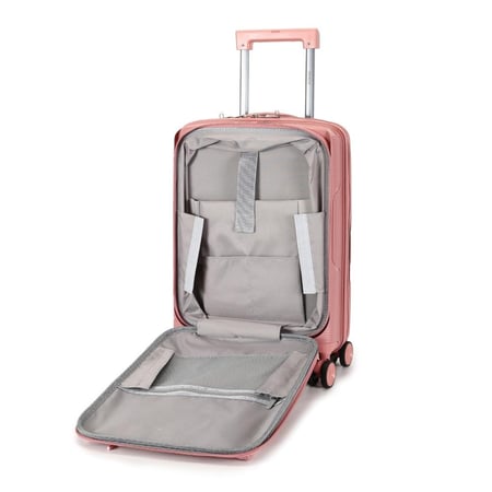 حقيبة سفر برينس بي بي (٨ عجلات) - مقاس ٢٠ بوصة من إيروفليكس | فتحة أمامية | حجرة كمبيوتر محمول | مقبض لحمل الهاتف | سحاب مزدوج مضاد للسرقة | سعة ٤٠ لترًا - ذهبي وردي