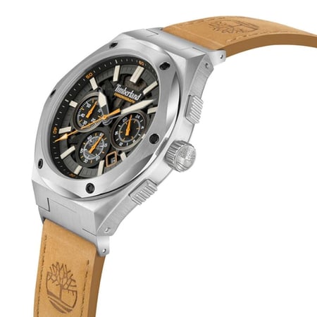 ساعة رجالية تمبرلاند كرونوغراف بميناء أسود وإطار فضي وسوار جلد بيج