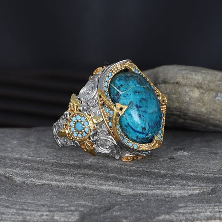 خاتم بحجر ازوريت طبيعي ومصاغ من الفضة الخالصة عيار 925