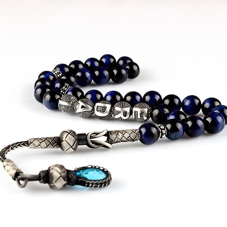 سبحة فخمة من أحجار عقيق عين النمر الأزرق الطبيعي وبشرابة وخرز من الفضة الخالصة