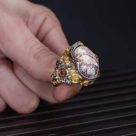 خاتم بصياغة يدوية فاخرة من الفضة الخلاصة مرصع بحجر الدانتيل