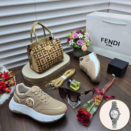 طقم فاخر نسائي ماركة فندي – شنطة وشوز وعطر وساعة ونظارة هدية متكاملة