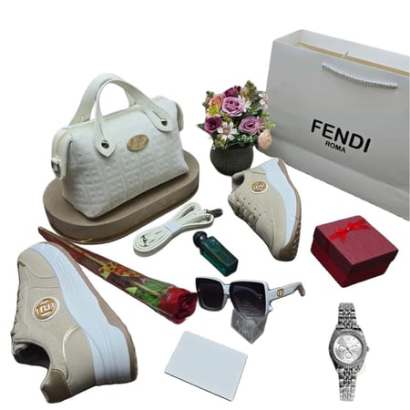 طقم فندي فاخر شنطة جلد راقية شوز سبورت عطر وساعة ونظارة