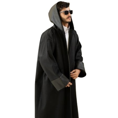 فروة رجالية شتوية فاخرة بجوخ أسود وفرو أرنب صناعي وغطاء رأس