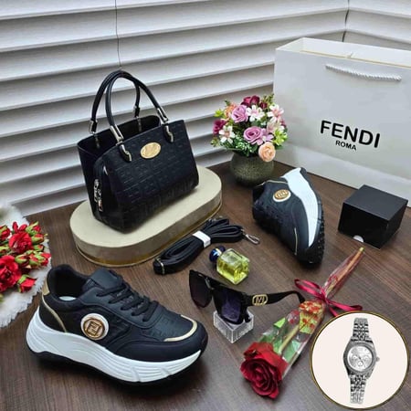 طقم فاخر نسائي ماركة فندي – شنطة وشوز وعطر وساعة ونظارة هدية متكاملة