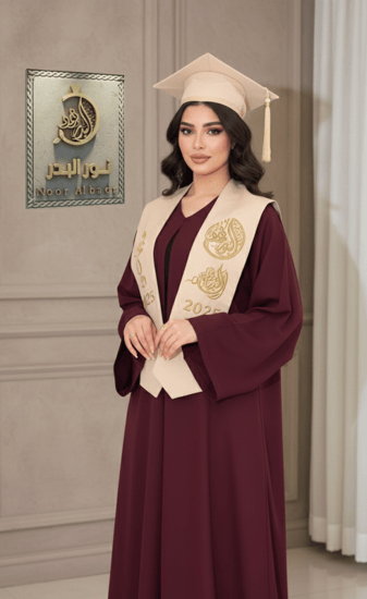 طقم عباية تخرج + قبعة + وشاح + تطريز الإسم حسب الطلب