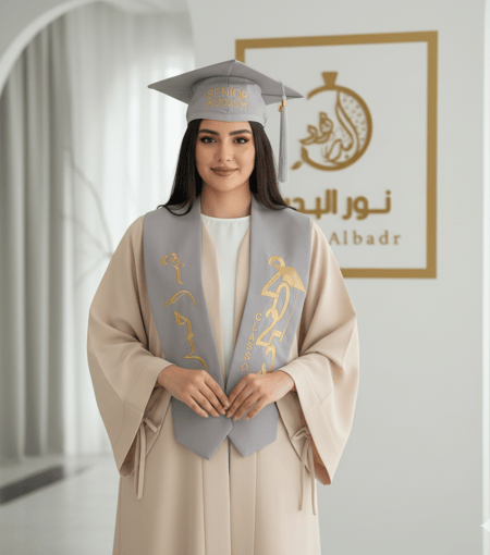 طقم عباية تخرج + قبعة + وشاح + تطريز الإسم حسب الطلب