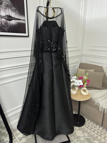 فستان سهره لونين اسود وكحلي خامة ميكادو على شال تل