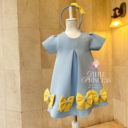 Light blue and yellow bow dress + hairband فستان الفيونكات السماوي  +اكسسوار