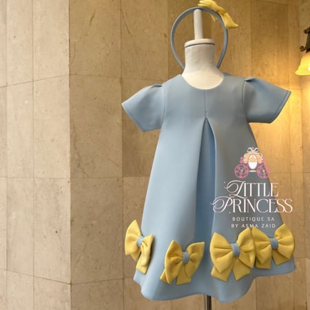 Light blue and yellow bow dress + hairband فستان الفيونكات السماوي  +اكسسوار