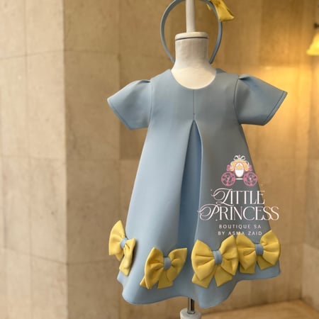 Light blue and yellow bow dress + hairband فستان الفيونكات السماوي  +اكسسوار