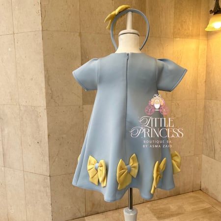 Light blue and yellow bow dress + hairband فستان الفيونكات السماوي  +اكسسوار