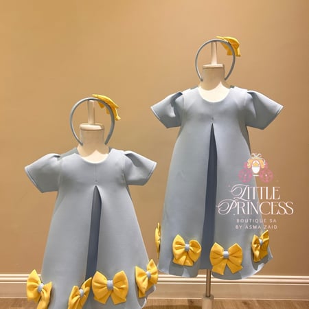 Light blue and yellow bow dress + hairband فستان الفيونكات السماوي  +اكسسوار