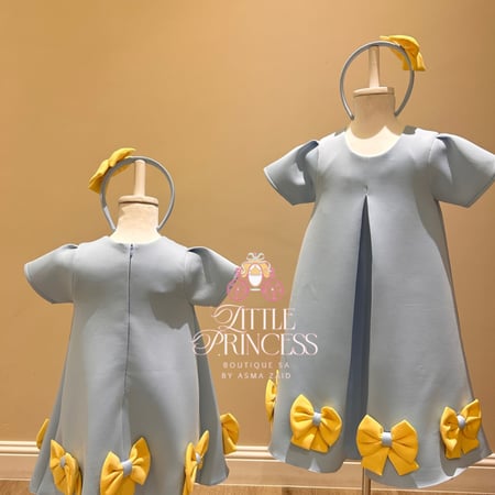 Light blue and yellow bow dress + hairband فستان الفيونكات السماوي  +اكسسوار