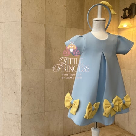 Light blue and yellow bow dress + hairband فستان الفيونكات السماوي  +اكسسوار
