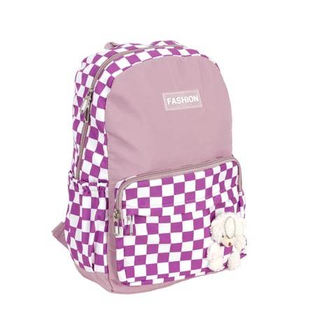 شنطة مدرسية ظهر  بتصميم كروهات باللون الابيض و البنفسجي مع وجود دبدوب ديكوري