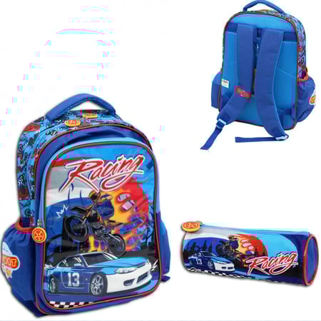 شنطة ظهر شكل سيارة ريسينج  مع مقلمة لون ازرق مقاس 40.46 سم