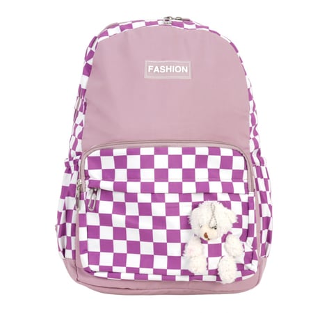 شنطة مدرسية ظهر  بتصميم كروهات باللون الابيض و البنفسجي مع وجود دبدوب ديكوري