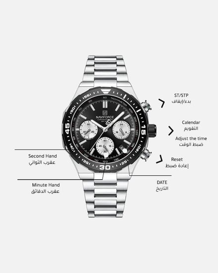 ساعة رجالية كرونوغراف فضي اطار أسود ميناء أسود