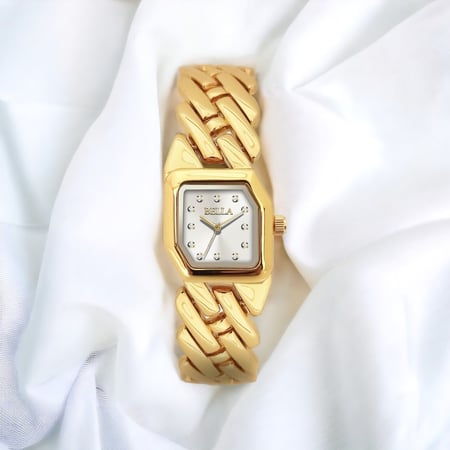 ساعه نسائيه مربعه ذهبي ميناء فضي