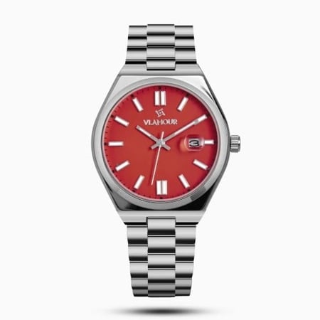 ساعه رجاليه ستيل فضي مينا احمر