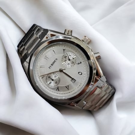 ساعه رجاليه كرنوغراف ستيل فضي ارقام عربيه