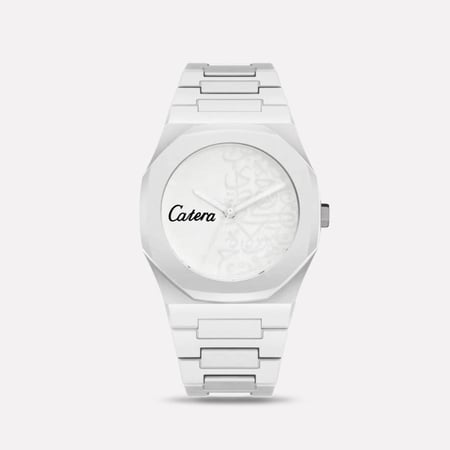 ساعه رجاليه بسير من الكاربون الخفيفه ابيض كتابه عربيه