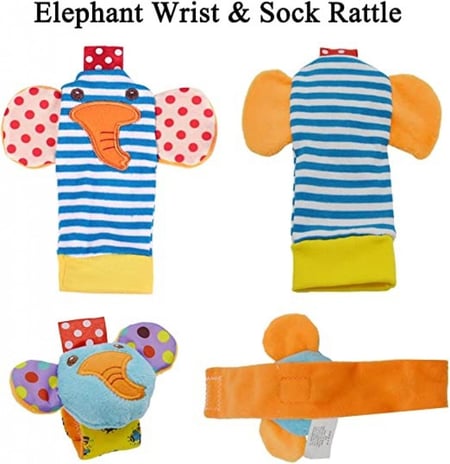 مجموعة العاب خشخيشات ناعمة للاطفال الرضع على شكل جوارب وسوار للرسغ للاولاد والبنات للاعمار منذ الولادة حتى عمر السنة، بتصميم قرد وفيل من 4 قطع