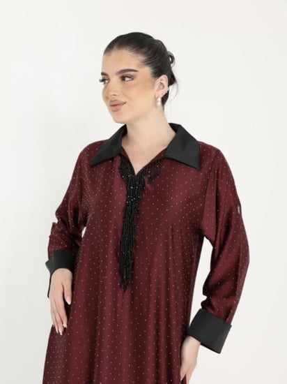 جلابيه حرير ساتان عنابي بالاستراس