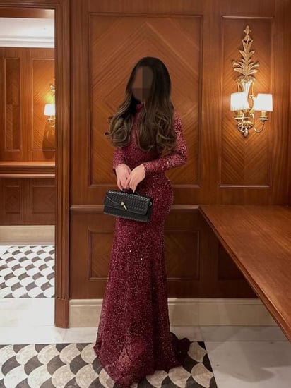 فستان قماش شيفون جورجيت مع ترتر مع ميكادو