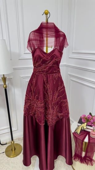 فستان نسائي سهره قماش شك مع تفته لماع مع تل