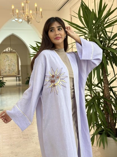 Linen abaya with radiant sun embroidery