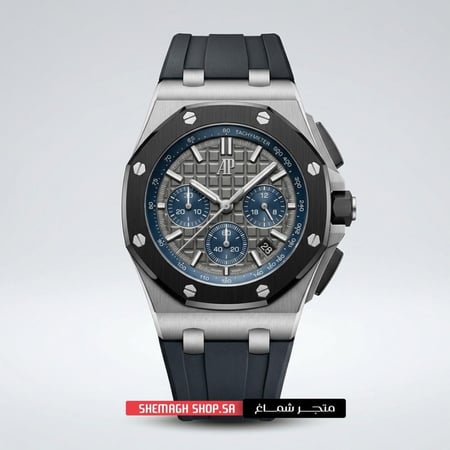 مينا ساعة أوديمار بيغيه أزرق بـ 3 عدسات كرونوغراف وأرقام واضحة.