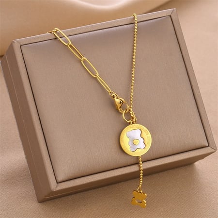 قلادة نسائية طويلة مع تعليقة على شكل دائرية على شكل دب - لون ذهبي