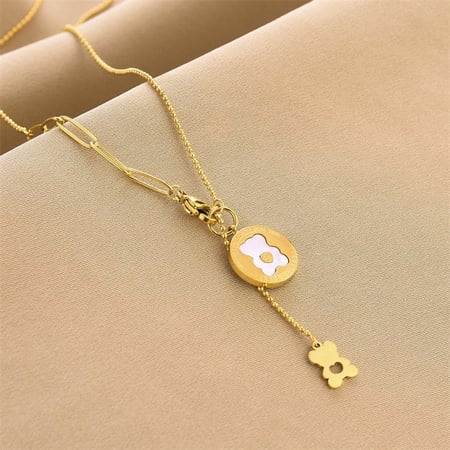 قلادة نسائية طويلة مع تعليقة على شكل دائرية على شكل دب - لون ذهبي