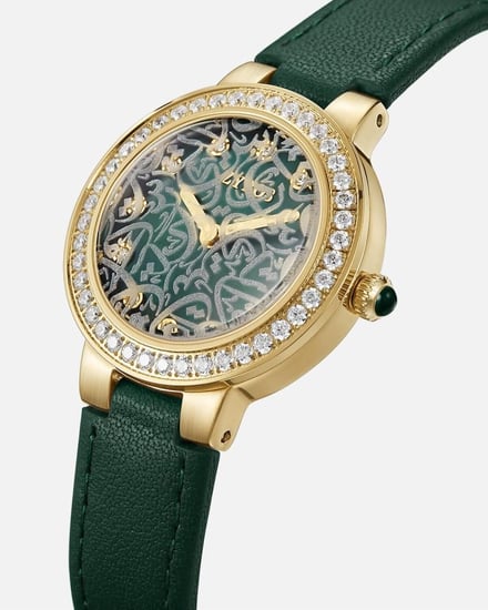 ‎ ساعة رقعة النسائية بسير جلد بلون أخضر